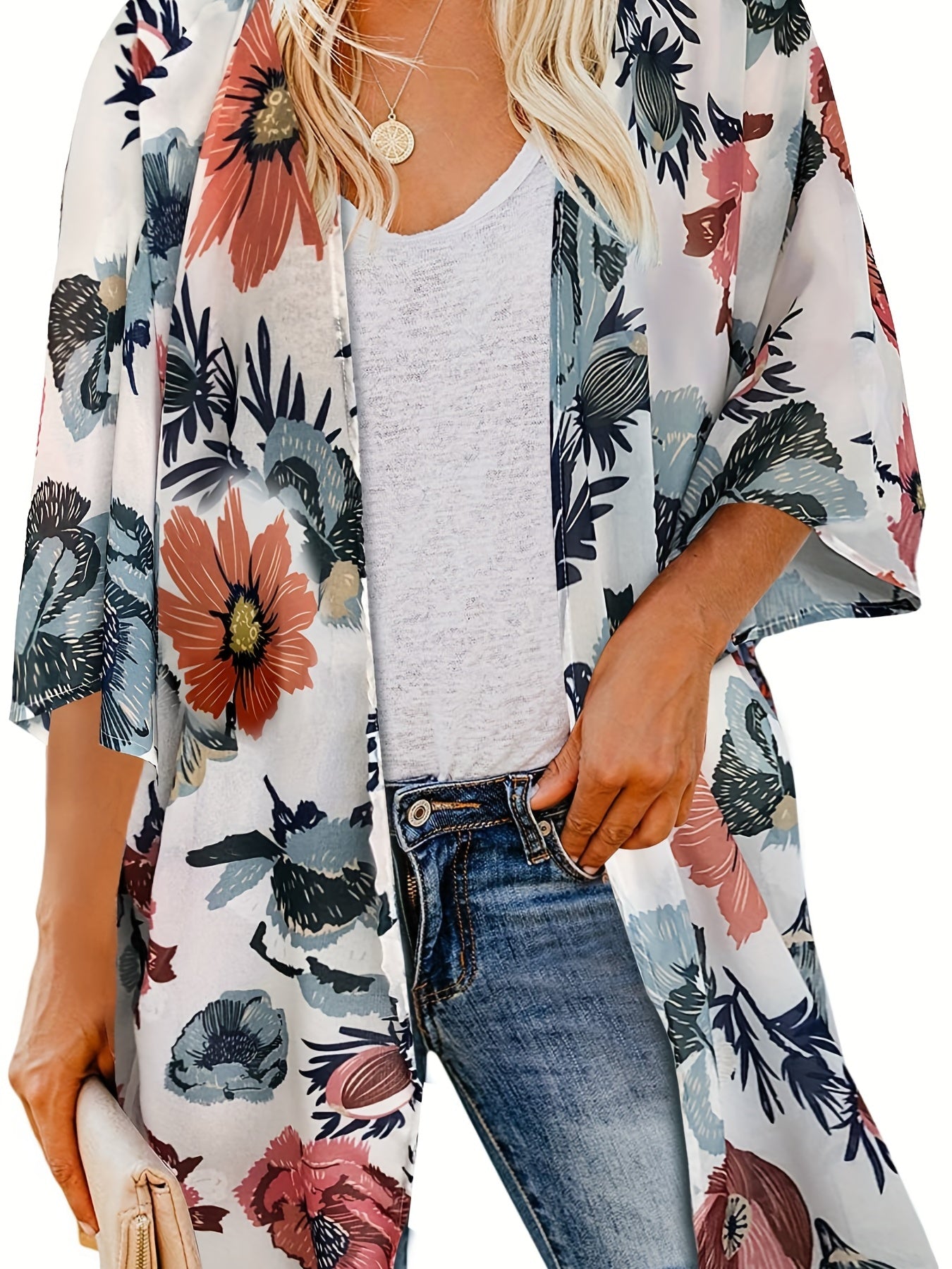 Print Cover Up Shirt Loose Fit V Neck Long Sleeves Casual Blouse