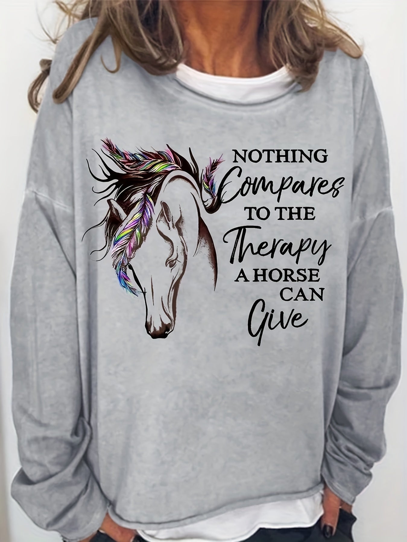 Horse Print Sweatshirt Long Sleeve Crew Neck Casual Fall Spring Women's Clothing