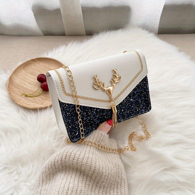 Colorblock Sequin Flap Bag with Charm and Tassel Detail