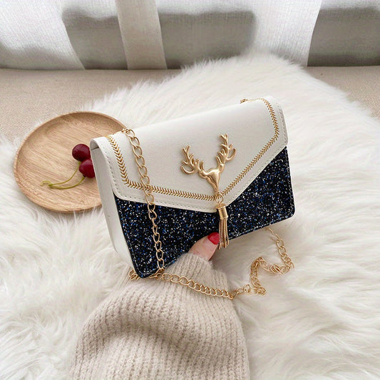 Colorblock Sequin Flap Bag with Charm and Tassel Detail