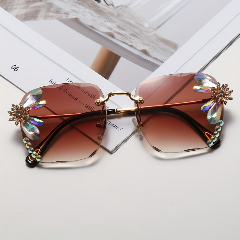 Square Rhinestone Sunglasses Gradient Rimless UV400