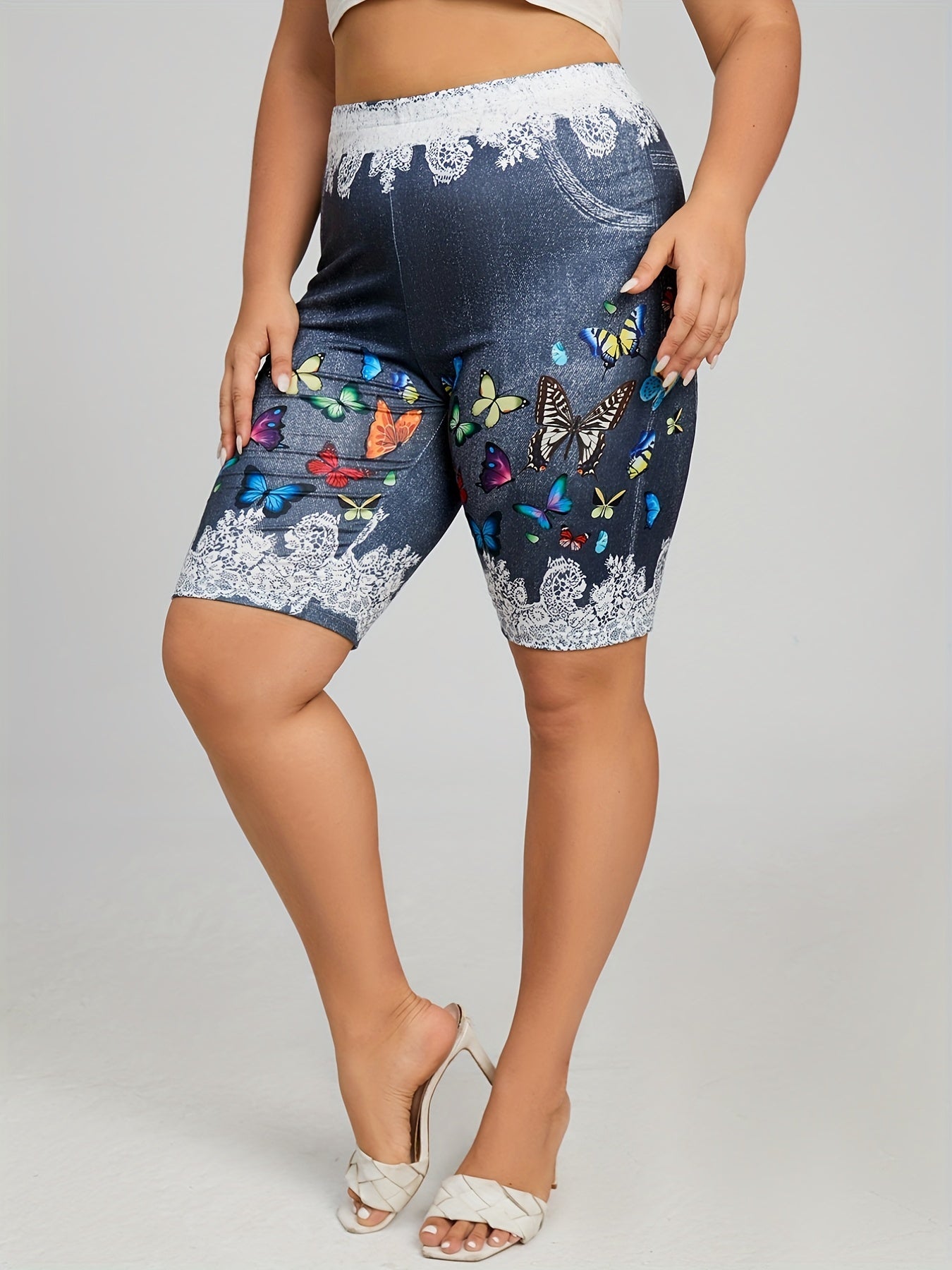 Women's Plus Denim & Butterfly Print High Rise Skinny Shorts