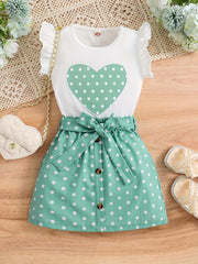 2pcs Toddler Girls Butterfly Sleeves Polka Dot Heart Top & Skirt Set