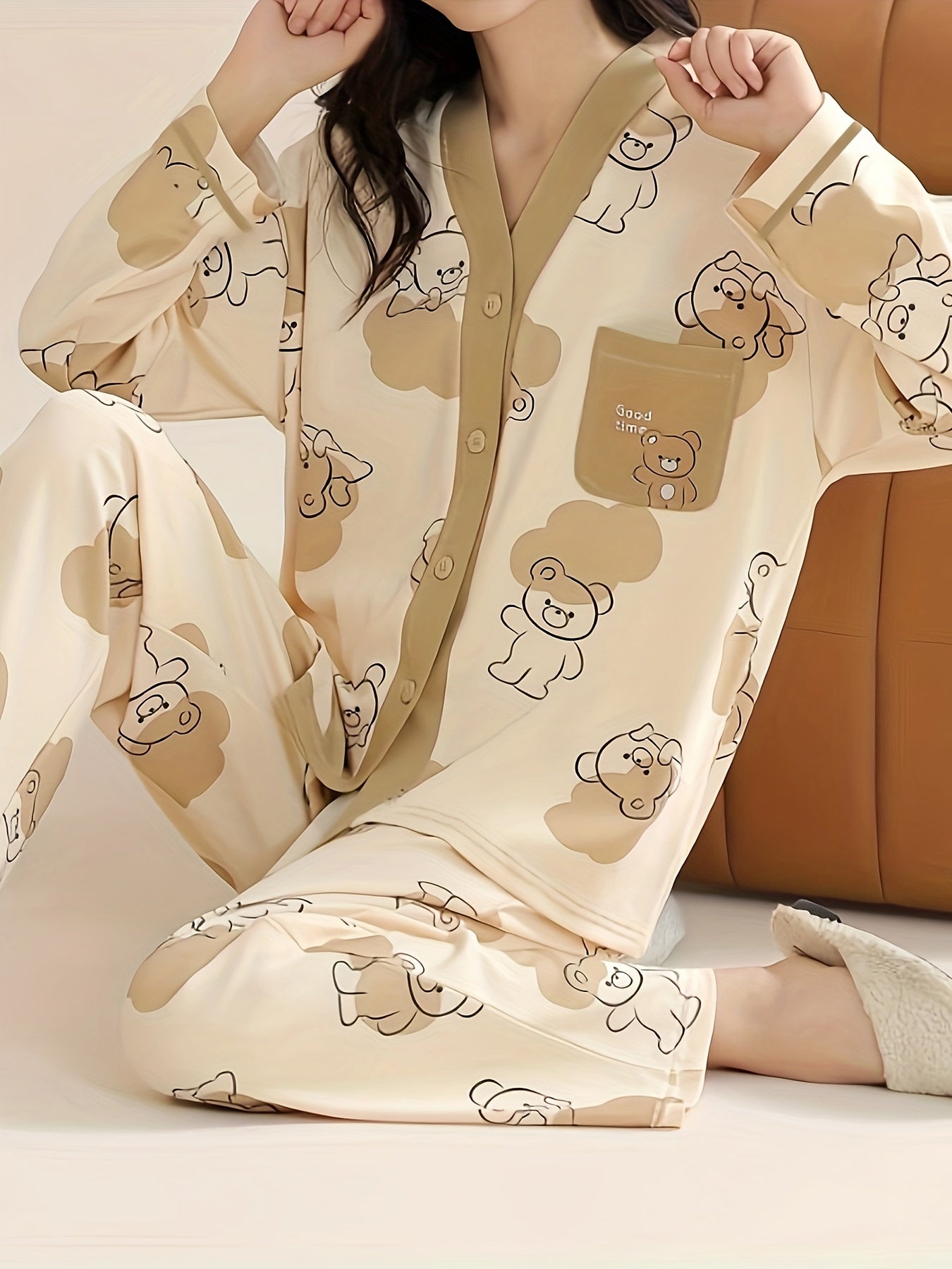 Bear Print Pajama Set Long Sleeve V Neck Buttons Top & Pants