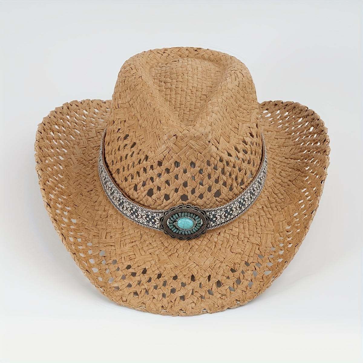 Turquoise Tassel Belt Cowboy Hat Vintage Western Hollow Crochet Straw Hat