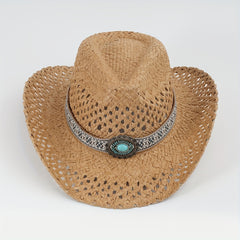 Turquoise Tassel Belt Cowboy Hat Vintage Western Hollow Crochet Straw Hat