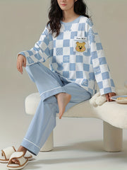 Bear Print Pajama Set Long Sleeve Plaid Top & Lounge Pants