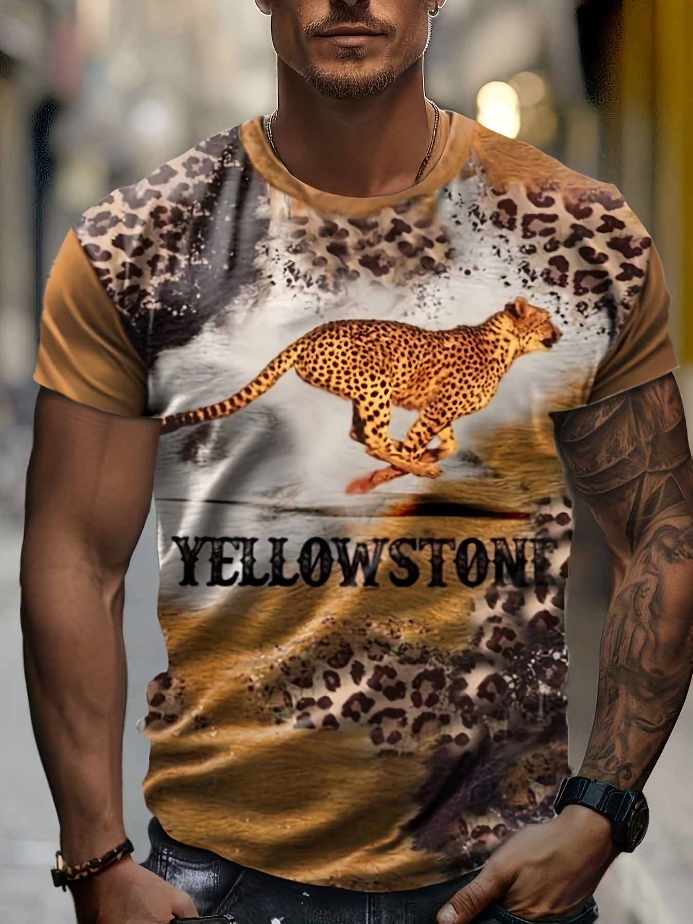 Men's Leopard Print Sports T-shirt Round Neck Tee Shirt