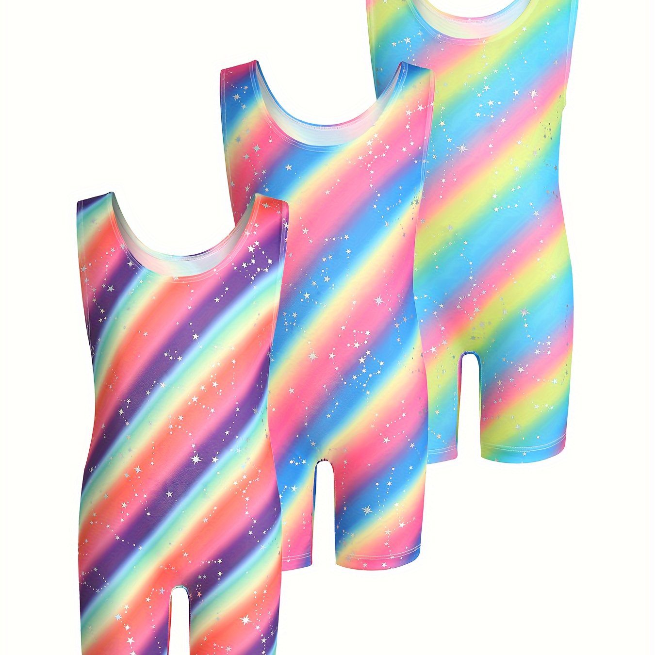 3pcs Girls Rainbow Stripped 1 piece Gymnastics Romper Set