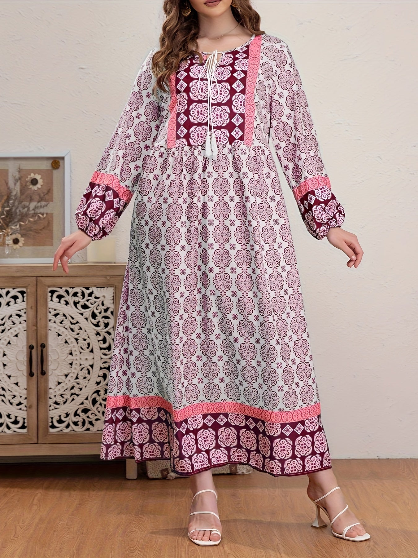 Boho Abaya Dress Women's Plus Allover Print Tassel Tie Neck