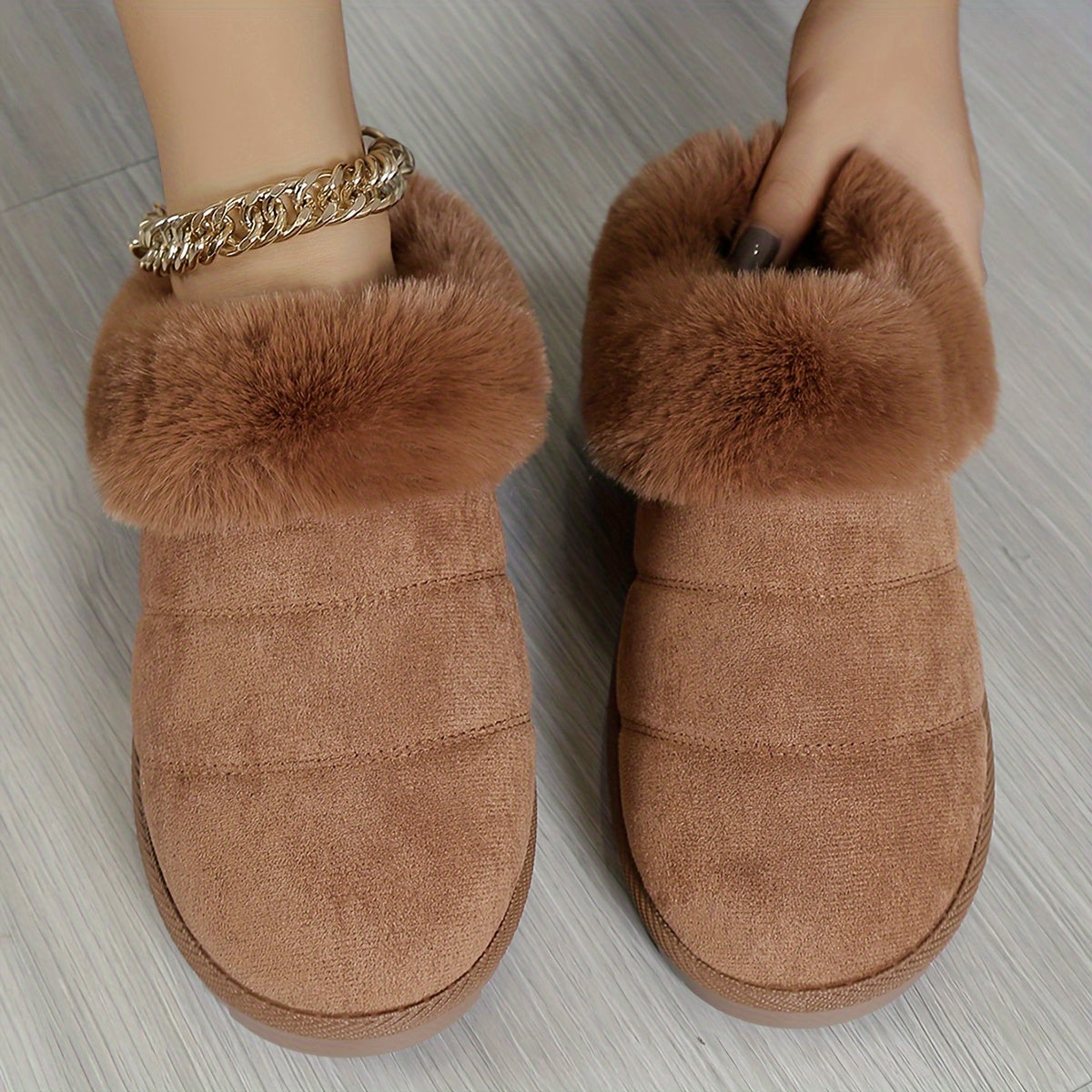 Women's Fuzzy Trim Snow Boots Non-slip Warm Slippers