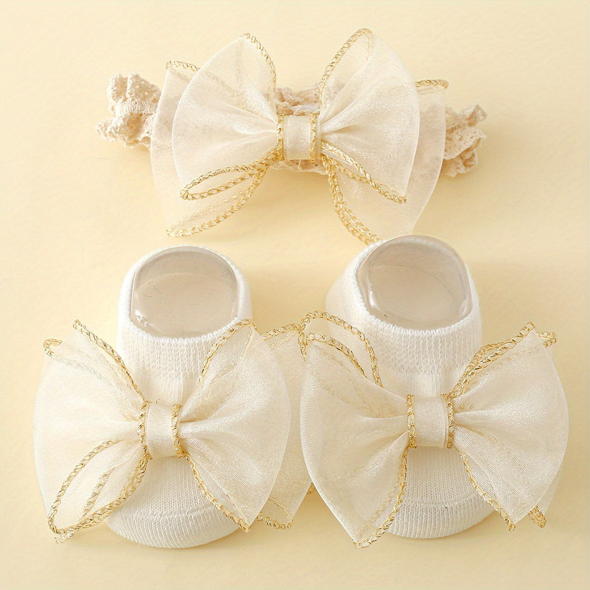 Golden Edge Large Lace Knot Ankle Socks with Baby Hairband