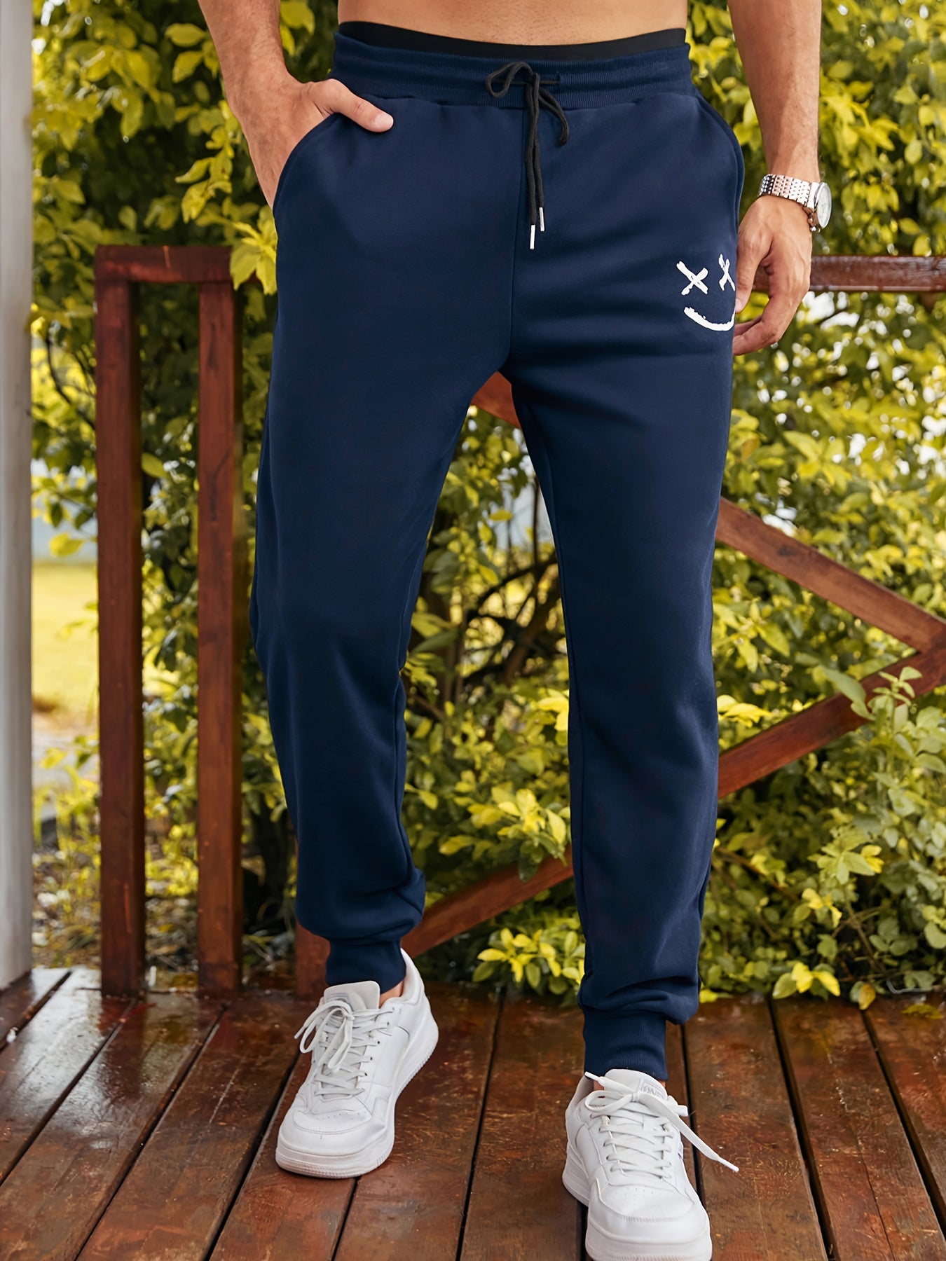 Men's Smiling Face Graphic Drawstring Sweatpants for Exercise