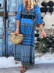 Geo & Stripe Print Half Sleeve Maxi Dress