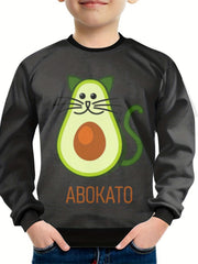 Avocado Cat Pattern Sweatshirt For Kids Long Sleeve Pullover