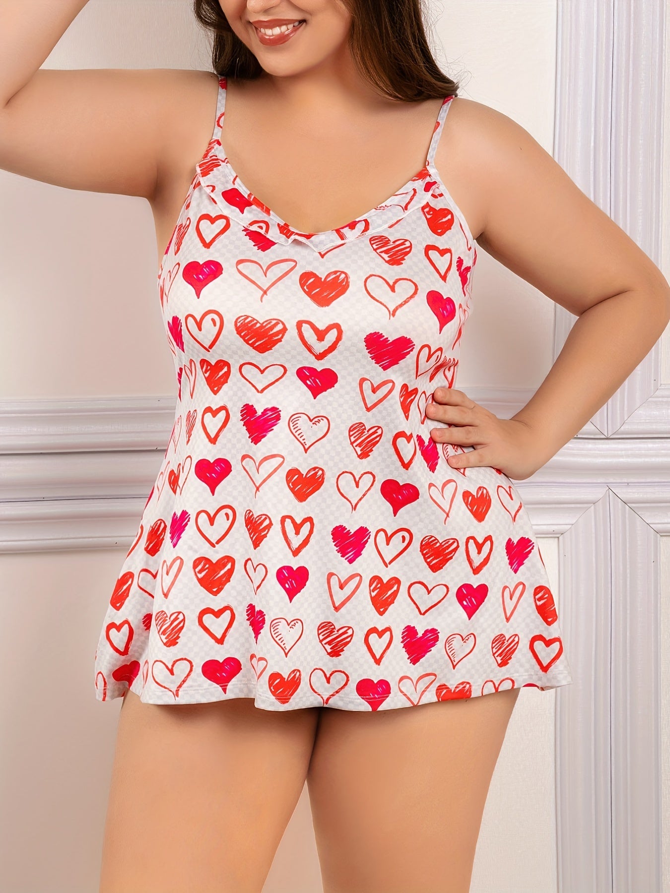 Heart Print Ruffle Trim Cami Sleep Dress