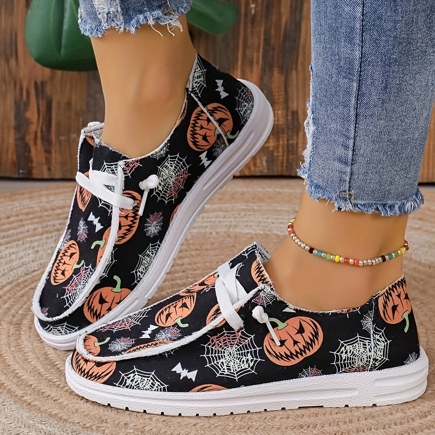 Women's Pumpkin Print Canvas Shoes Casual Lace Up Low Top Loafers Lightweight