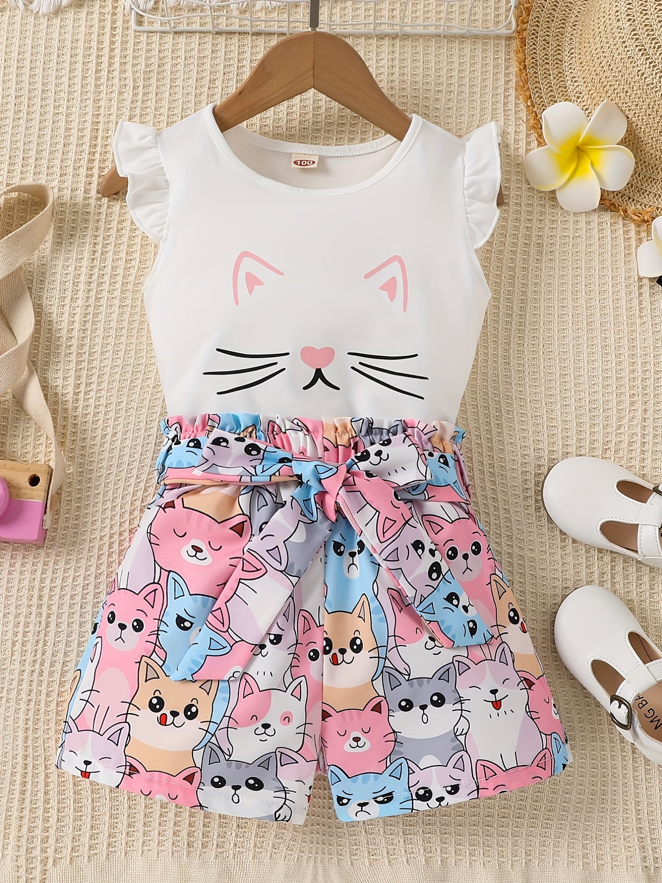 2pcs Toddler Girls Cat Graphic Ruffle Trim T Shirts Top & Shorts Set