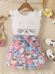 2pcs Toddler Girls Cat Graphic Ruffle Trim T Shirts Top & Shorts Set
