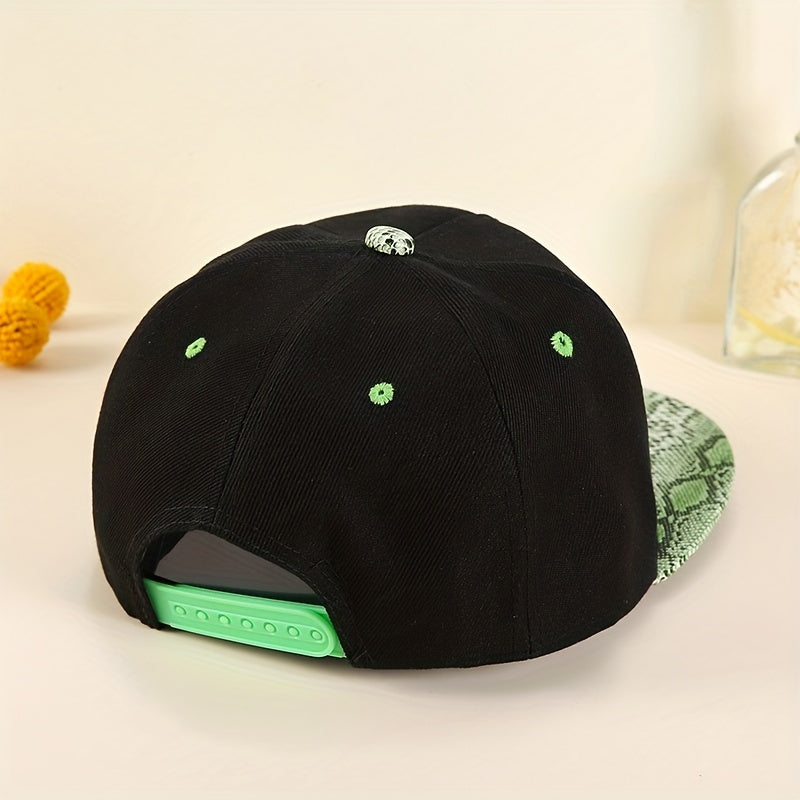 Rhinestone Cross Patch Snapback Hat Green Snake Pattern Sun