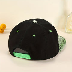 Rhinestone Cross Patch Snapback Hat Green Snake Pattern Sun