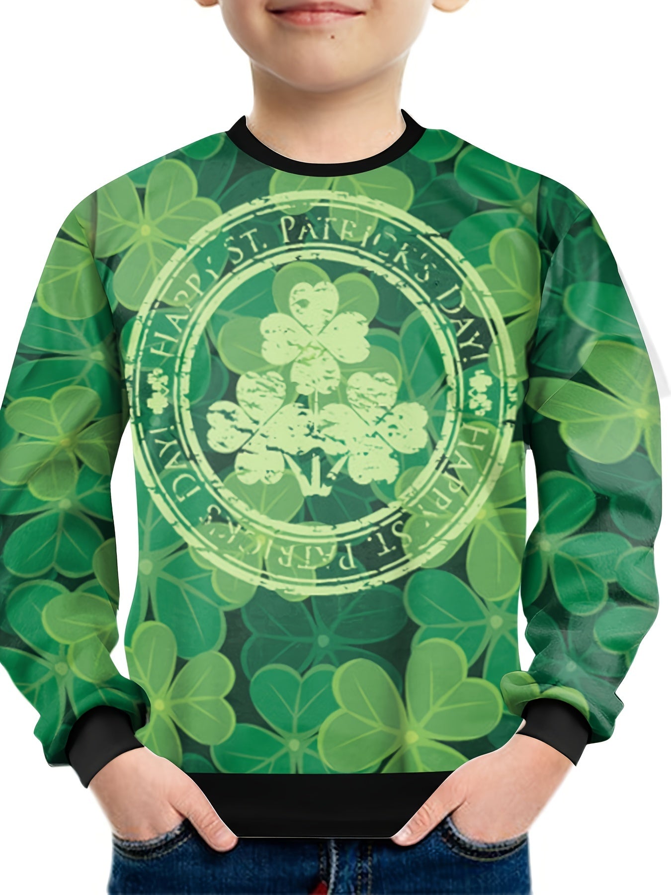 Four Leaf Clover Print Boys Sweatshirt Long Sleeve Pullover Top