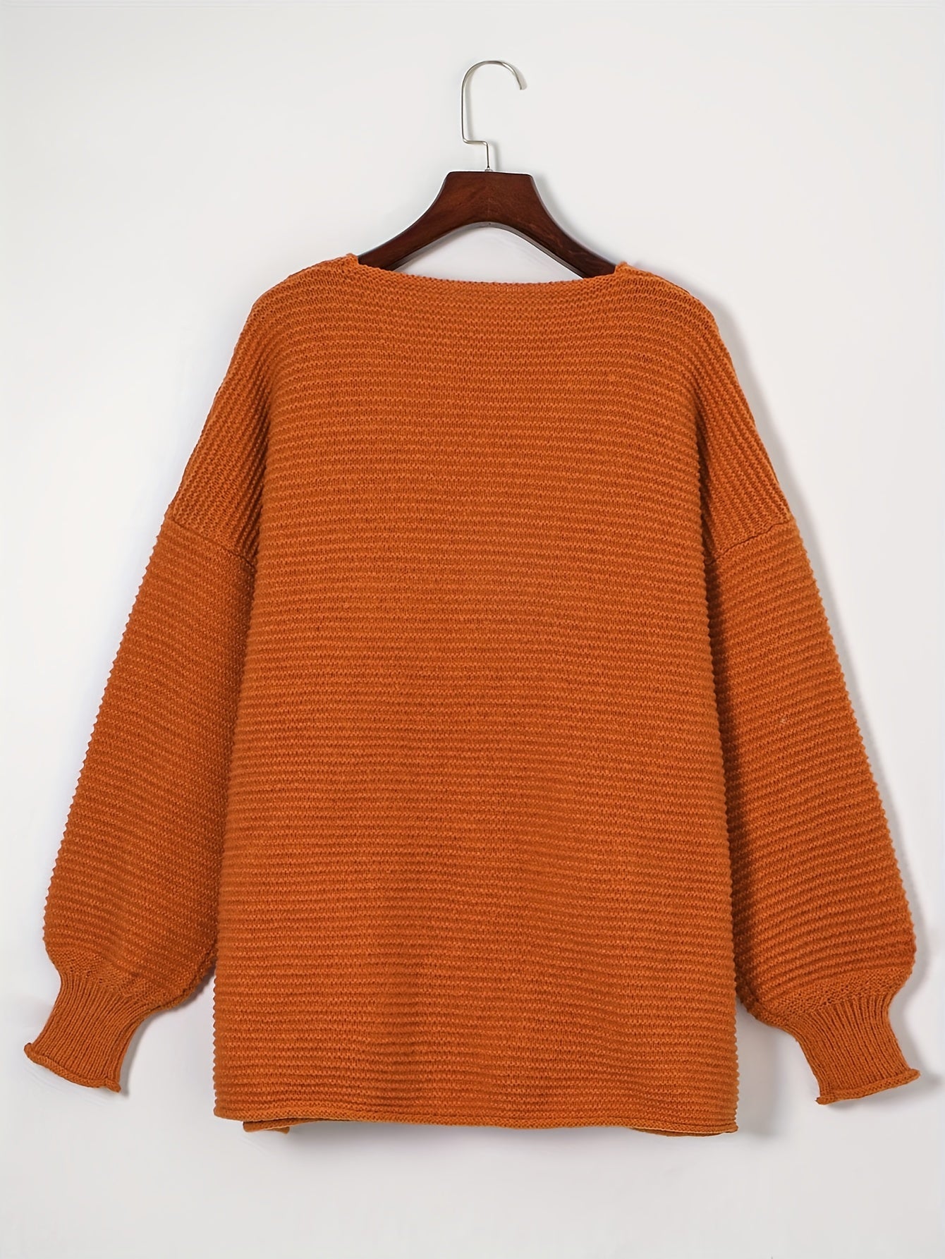 V Neck Solid Ribbed Long Sleeve Sweater