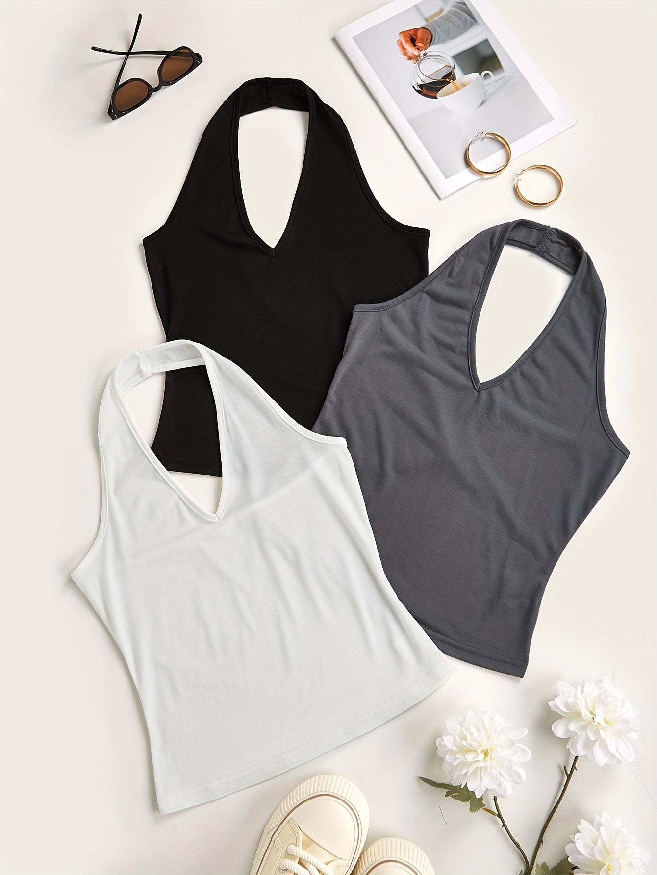 3 Pack Solid V Neck Halter Tops