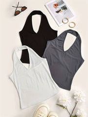 3 Pack Solid V Neck Halter Tops