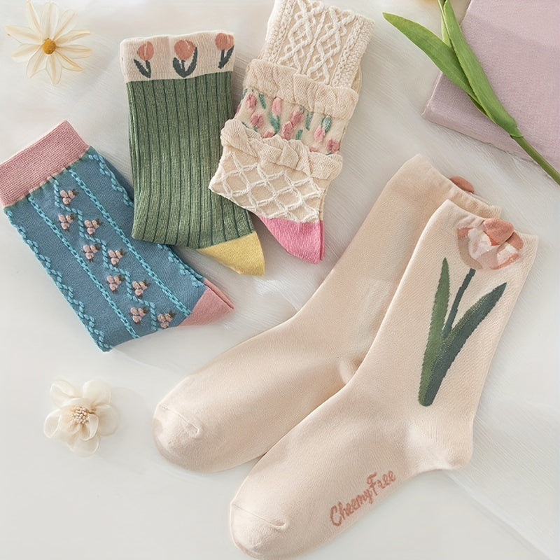 8 Pairs Floral Print Mid Tube Socks Women's Stockings