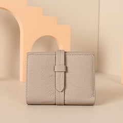 Women's Leather Bifold Wallet with Snap Closure Coin Pocket - Beige