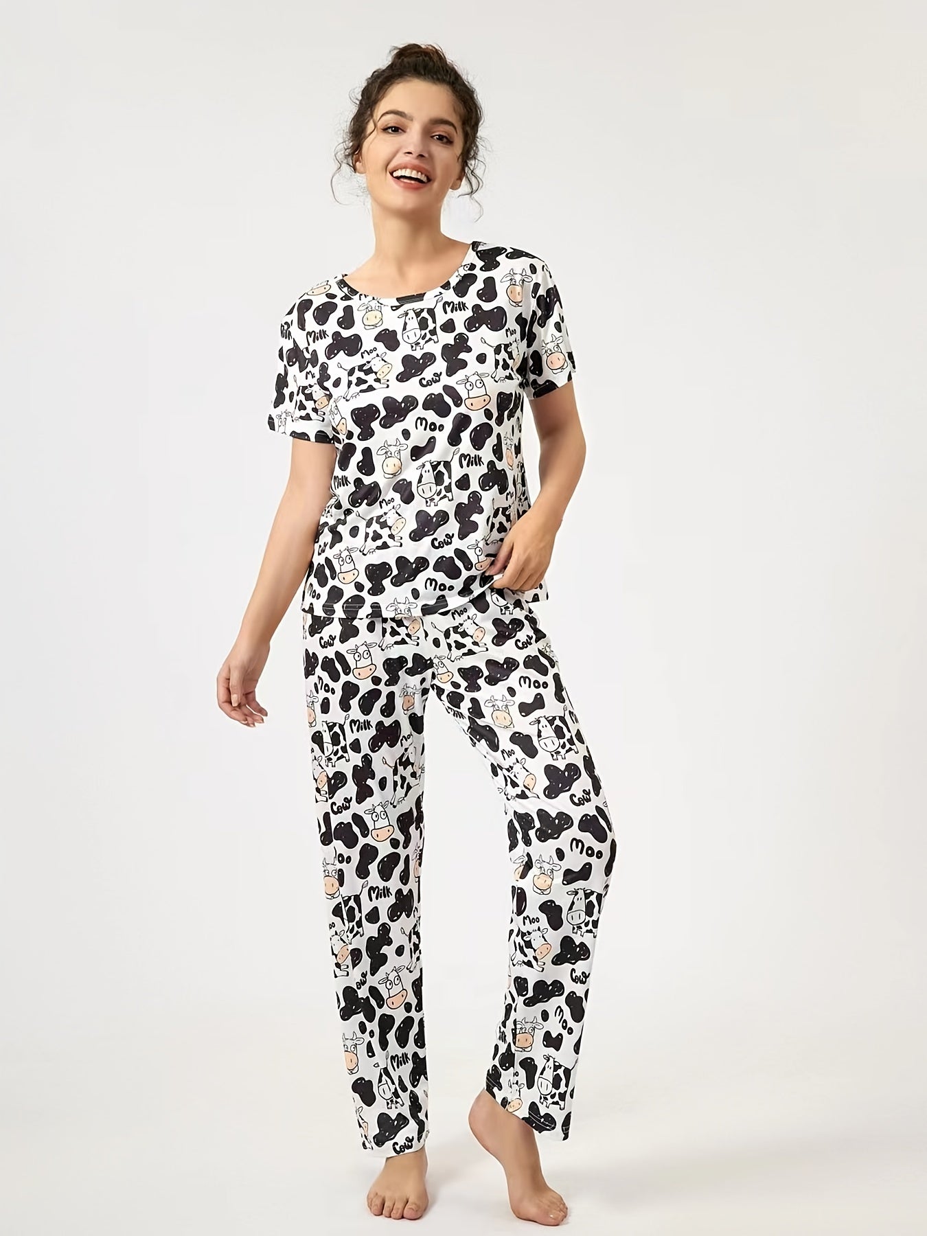 Women's Cow Print Pajamas Set Top & Pants Short Sleeve Loose Long