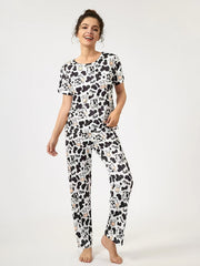 Women's Cow Print Pajamas Set Top & Pants Short Sleeve Loose Long