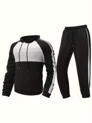 Men's Block Casual Hoodie & Drawstring Sweatpants Set