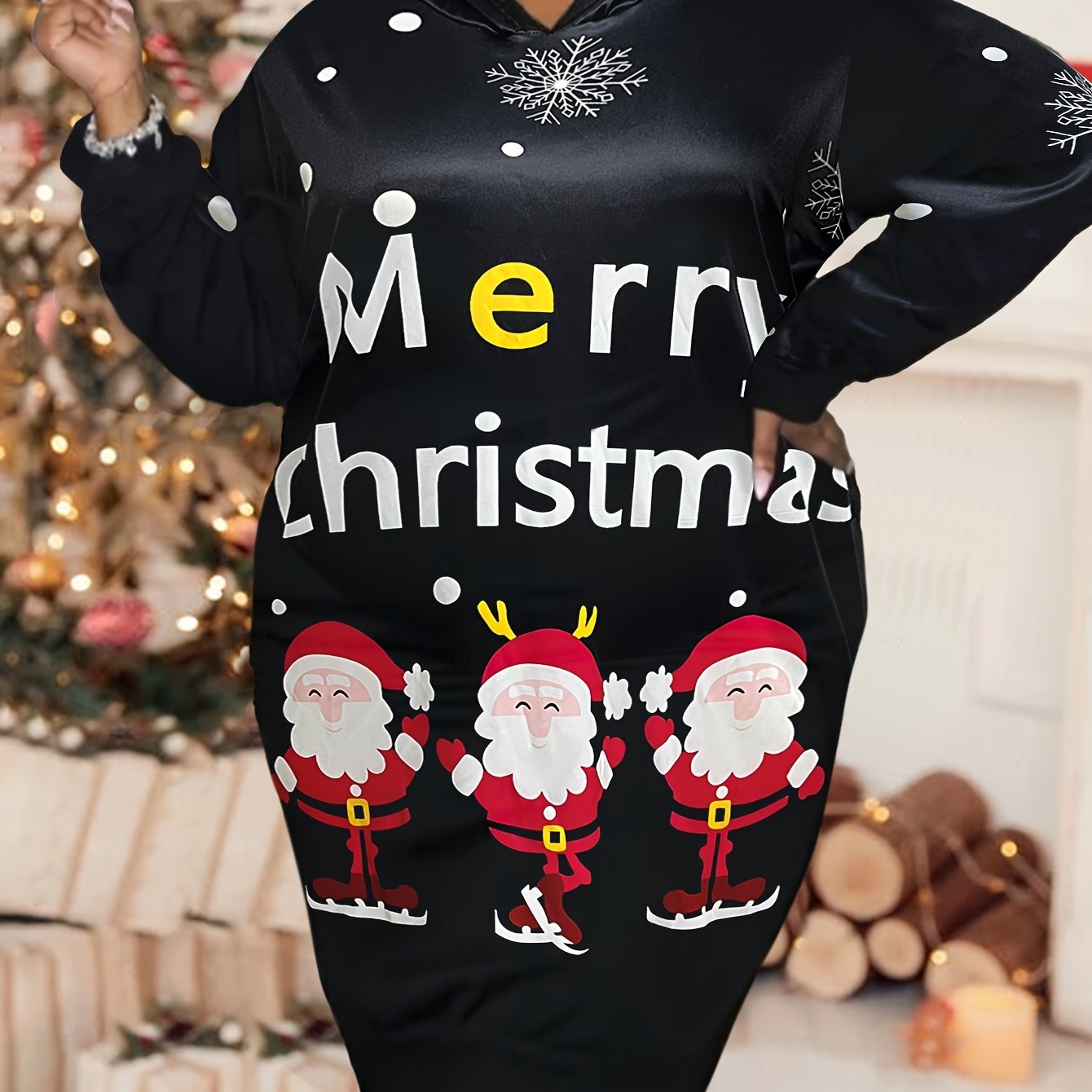 Christmas Dress Women's Plus Santa Claus & Snowflake Print