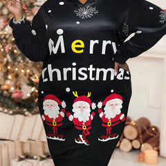 Christmas Dress Women's Plus Santa Claus & Snowflake Print