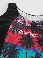 Sporty Tankini Set Contrast Tropical Print Tank Top