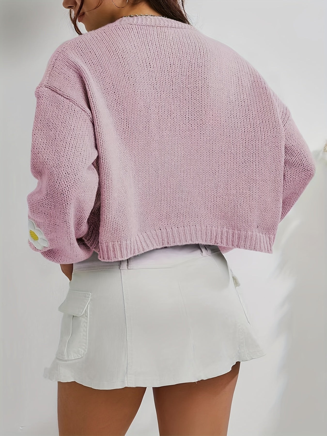 Y2K Floral Embroidered Knit Cardigan Open Front Long Sleeve Cropped Sweater