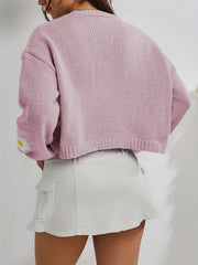 Y2K Floral Embroidered Knit Cardigan Open Front Long Sleeve Cropped Sweater