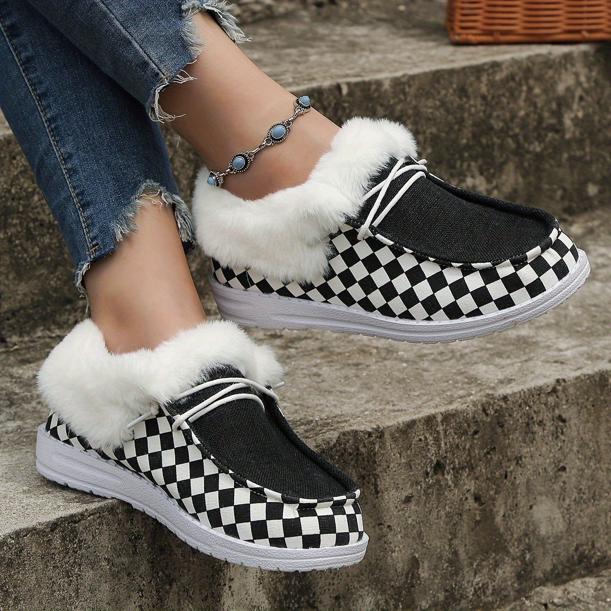 Plaid Pattern Thickened Warm Walking Shoes Lightweight Low Top Sport Flat Shoes