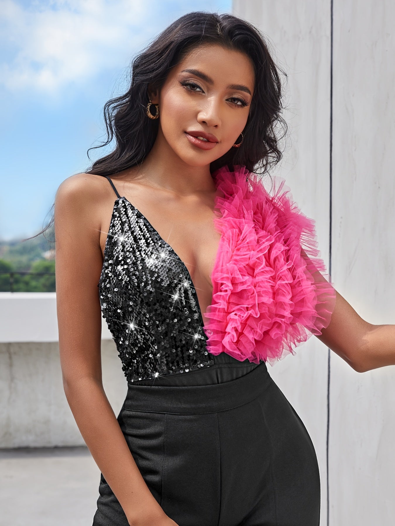 Sequin Frill Trim Plunging Neck Bodysuit