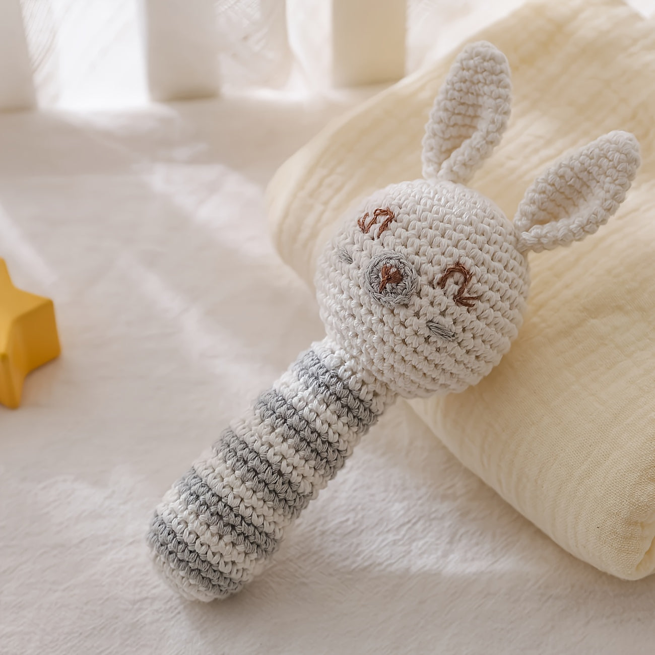 Crochet Rattle Teether Toy Knitted Rabbit Animal Doll with Bell