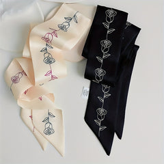 Rose Print Skinny Scarf Neckerchief Solid Neck Tie Long Hair Ribbon