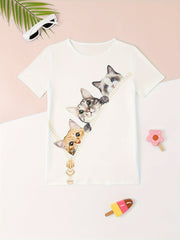 Girls Kitty Graphic Crew Neck T-shirt for Sports Summer
