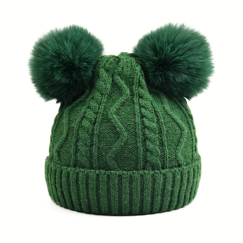 Kids Detachable Double Fur Ball Beanie Knitted Hat