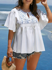 Leaf Print Cut Out Tie Front Blouse