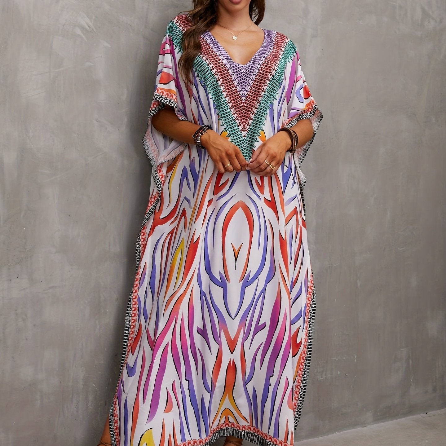 Stripes Floral Geometric Print Kaftan Cover Up Dress V Neck Maxi Boho Bohemian