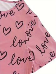 Pajama Set Women's Heart & Letter Print Tee & Pants 2 Piece
