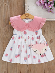 2pcs Girls Strawberry Sleeveless Doll Collar Summer Dress & Bag Set Clothes