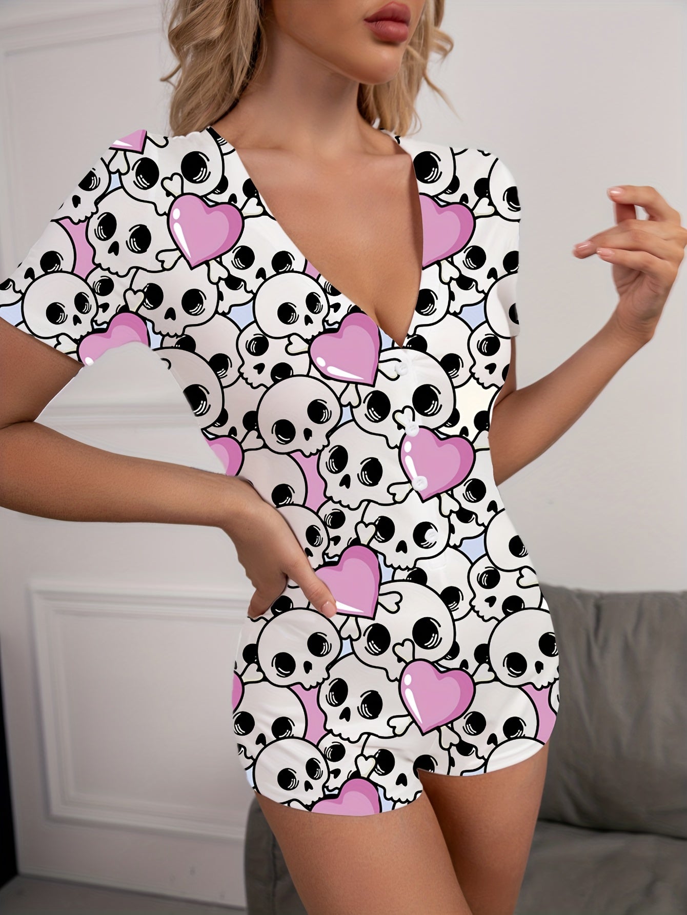 Skull Print Pajama Romper Short Sleeve V Neck Buttons Pajamas